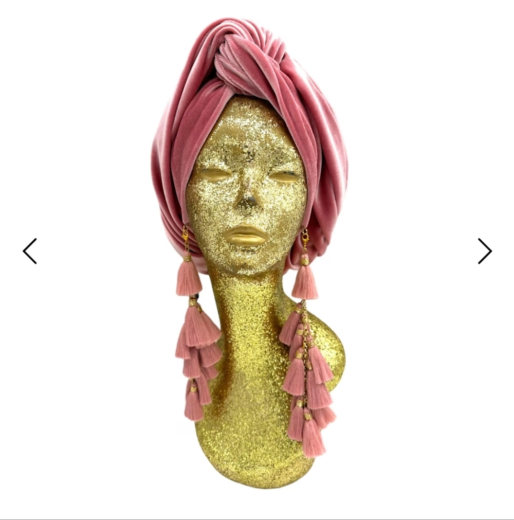 Chic Pink Turban with Tassel Earrings